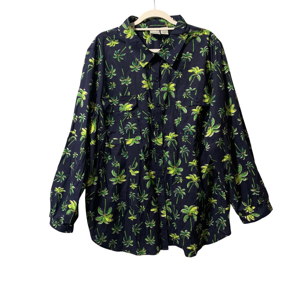 Roamans Womens 28W Navy Palm Tree Tropical Cotton Button Down Shirt Aloha Summer
